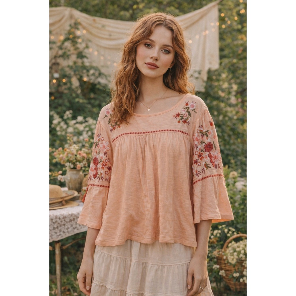 St. Johns Bay Embroidered Peasant Top Womens M Peach Excellent Boho Cottagecore